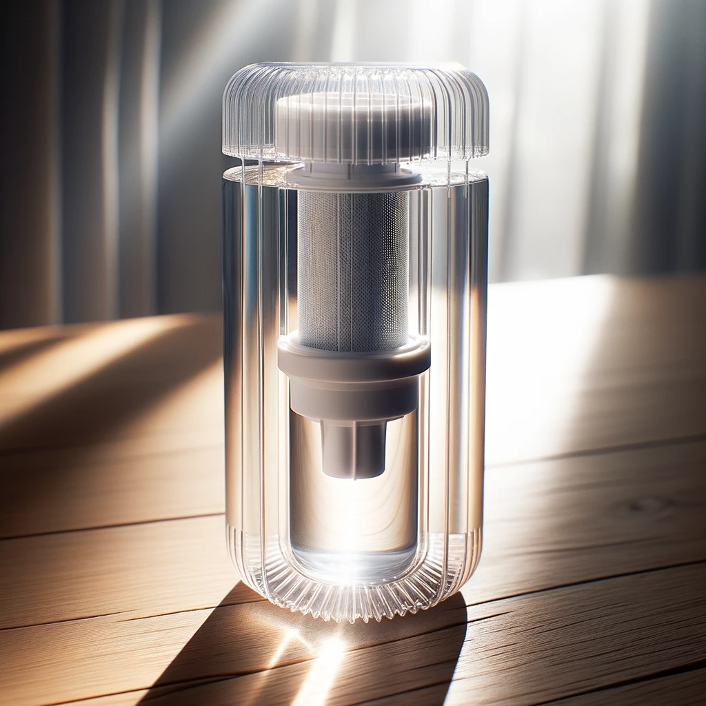 DALL·E 2023-10-19 22.42.37 - Photo_ A close-up of the 'coSip' water bottle, made of transparent, recyclable material. Inside, you can see a sleek, advanced filter system. The bott