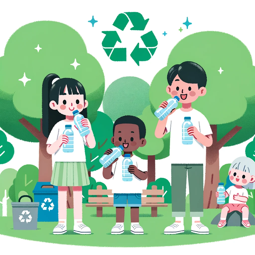 DALL·E 2023-10-19 22.42.40 - Illustration_ A diverse group of people (Asian woman, Black man, and Caucasian child) enjoying clean water from their 'coSip' bottles in a park settin
